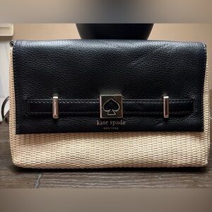 Kate Spade New York Black Leather and Straw Crossbody Bag